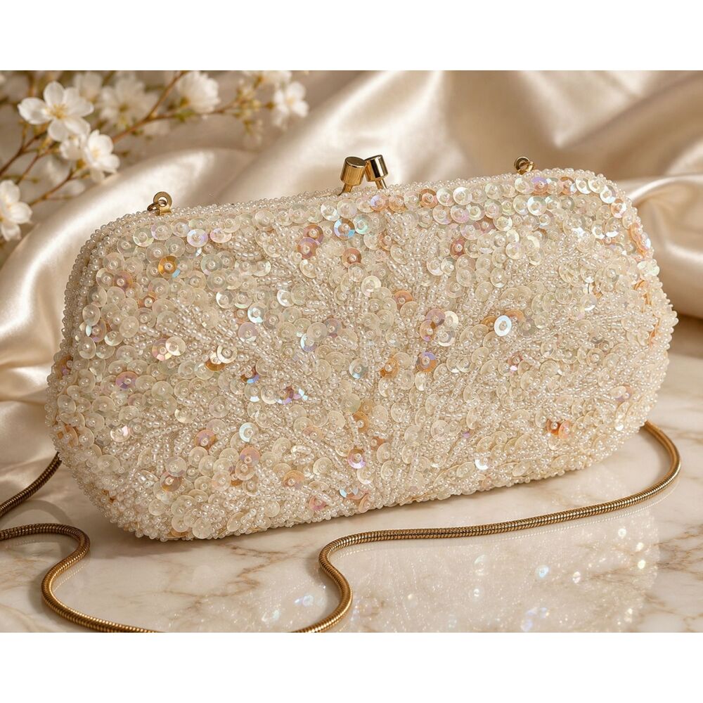 Vintage Beaded Sequin Evening Bag Ivory Pearlized Clutch Gold Chain Bridal
